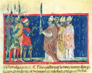 Codex Correr I 383 III. Sándor pápa (1105-81) átadja a kardot Sebastiano Ziani dózsának (pergamen). alkotó: School Venetian