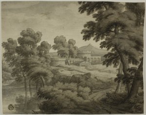 Olaszos tájkép kastéllyal, fákkal és vízzel az előtérben alkotó: School of Nicolas Poussin