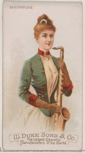 Szaxofon, a Musical Instruments N82 sorozatból Duke márkájú cigarettákhoz, 1888., 1888. alkotó: Schumacher and Ettlinger