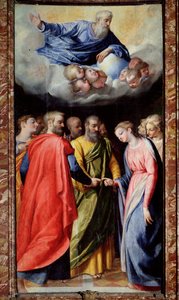 A Szűz házassága Scipione Pulzone il Gaetano (1550-1598) és Giuseppe Valeriano (1542-1606) festménye 1584-1588 Róma, Gesu templom, Madonna della Strada kápolna