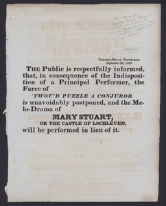 Értesítés a számlázott előadás változásáról a Theatre Royalben, Edinburgh, 1829. szeptember 30. (litho) alkotó: Scottish School