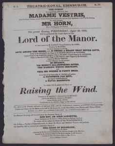 Színházi program a Theatre Royal számára, Edinburgh, 1823. augusztus 20. (litho) alkotó: Scottish School