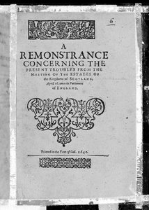 Címlap a Skóciai Királyság birtokainak összejövetelének jelenlegi bajairól szóló felszólaláshoz, 1640-ben (nyomtatott papír) alkotó: Scottish School
