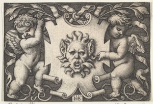 Két Genii által támogatott maszk egy takarón, 1544. alkotó: Sebald Beham