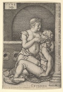 Cimon a jobb oldalon egy oszlopnak ülve szopta a mellette térdelő Perót, 1544. alkotó: Sebald Beham
