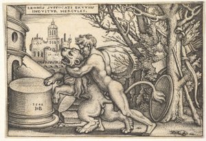 Herkules, profiljában, nyaka körül karral megöli a Nemeai oroszlánt, a Lab..., 1548-ból.