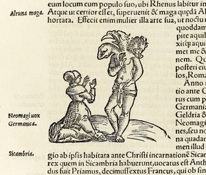 Egy boszorkány megidéz egy háromfejű démont, Sebastian Munster „Cosmographia” című művének 1550-es kiadásából (fametszet)