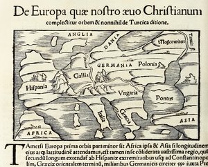 A „De Europa, quae nostra aeuo Christianum” a keresztény Európa térképe, Sebastian Munster „Cosmographiájának” 1550-es kiadásából (fametszet) alkotó: Sebastian Munster