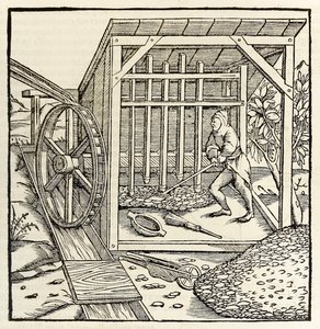 Bányászat vízikerékkel, Sebastian Munster „Cosmographiájának” 1550-es kiadásából (fametszet)