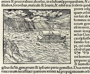 Noé bárkája és az özönvíz, a Cosmographia 1550-es kiadásából; szerző: Sebastian Munster (fametszet) alkotó: Sebastian Munster
