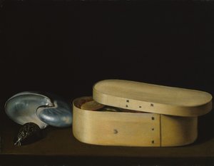 Csendélet kagylókkal és faforgácsos dobozzal, 1620-as évek vége.