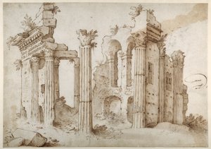 Minerva templom oszlopos romjai, Nerva fóruma, Róma (toll és barna tinta mosással a papíron) alkotó: Sebastian Vrancx