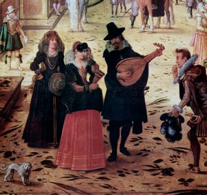 Táj a Villa Medicissel Rómában, Olaszország (Táj a villával Medicissel, Róma, Olaszország) Részletek Elegáns sétálók és zenészek a parkban - Sebastian Vrancx (1573-1647) festménye 17. századi nápolyi Museo Nazionale di Capodimonte alkotó: Sebastian Vrancx