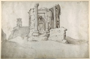 Tiburtine Sibyl templomának romjai a tivoliban (toll és barna tinta szürke barna mosással fehér papíron) alkotó: Sebastian Vrancx