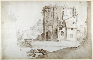 Romok a Celion az SS templommal. Giovanni e Paolo (toll és barna tinta szürke barna mosással fehér papíron) alkotó: Sebastian Vrancx