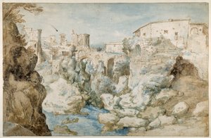 Kilátás a Tivolira a Tiburtine Sibyl templomával és a vízeséssel (toll és tinta barna és kék mosással a papíron) alkotó: Sebastian Vrancx