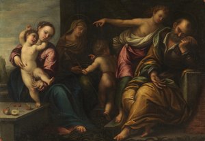 Szűz és gyermek a csecsemő Szent Jánossal, Szent Erzsébettel és az Angyali üdvözlet Józsefnek, 1540 körül alkotó: Sebastiano Florigerio