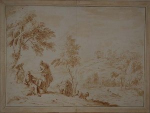 Kiterjedt lelkipásztori táj dombvárossal, 1720 körül (barna tinta és mosás) alkotó: Sebastiano Ricci