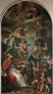 A Szűz dicsőségben Gábriel arkangyallal, Szent Eusebiusszal, Szent Sebestyénnel és Szent Rókussal (olaj, vászon alkotó: Sebastiano Ricci