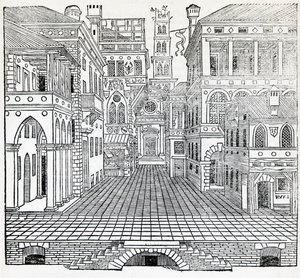 Varázsjelenet, színházi jelenettervező: Sebastiano Serlio (1475-1554), illusztráció az Építészetről szóló traktátusból, II.