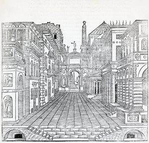 Varázsjelenet, színházi jelenettervező: Sebastiano Serlio (1475-1554), illusztráció az Építészetről szóló traktátusból, II.