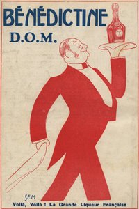Az emésztőrendszer (likőr) reklámja „” Bencés”” (D.O.M.) Egy kávésfiú üveget cipel a tálcán. Sem (1873-1932) rajza. 1911.