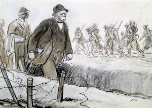 Első világháború: Clemenceau (1841-1929) portréja a frontra látogató burkolatban. Georges Goursat dit Sem rajza (1863-1934) alkotó: Sem