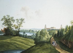Szemjon Fjodorovics Scsedrin (Semion Chtchedrine) (1745-1804) ""Táj farmtal a Carszkoje Selo parkban"". Gouache és tinta papíron