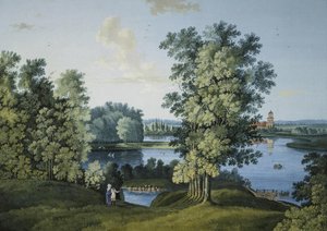 Szemjon Fjodorovics Scsedrin (Semion Chtchedrine) (1745-1804) ""Kilátás a nagy tóra a Carszkoje Selo parkban"), gouache és tinta papíron
