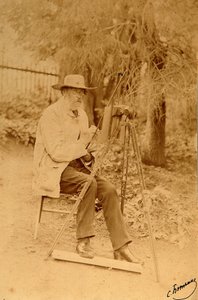 Jakov Petrovics Polonszkij (Iakov Petrovics Polonski) (1819-1898) költő portréja a festőállványon. Albumin Fotó: Szergej Dmitrijevics Botkin (1869-1945) alkotó: Sergei Dmitrievich Botkin