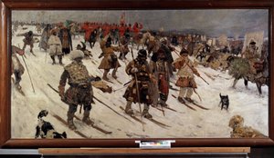Campagne militaire des russes au 16e siecle; (Military Campaign of the Russian in the 16th Century). Guerriers russes chausses de skis avancant dans la neige. Peinture de Sergei Vasilyevich Ivanov (1864-1910), huile sur toile   1314071   hu       hungarian