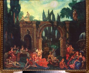 Előkészítő dekoráció Giovanni Boccaccio (Jean Boccace) "Le Decameron" című darabjához