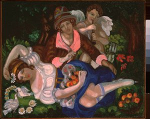 Allegorikus jelenet. (Egy szerelmespár, körülötte pár galamb és zenélő Ámor). Szergej Jurijevics Sudejkin (Serge Soudeikine) (1882-1946) festménye, olaj, vászon, 1910 körül. Orosz művészet, XX. század, szecesszió, modernizmus.