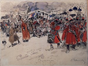 Streltsy csapata (vagy Strelets), egy orosz katonai szervezet, amely a 16. és a 18. század között létezett (The Streltsy). Szergej Vasziljevics Ivanov (1864-1910) munkája, akvarell papírra, orosz művészet, 19. század vége, 20. század eleje. Állami Egyesült