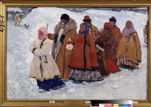 Egy család. Egy orosz család kabátban sétál a hóban. Szergej Vasziljevics Ivanov (1864-1910) festménye, olaj, vászon