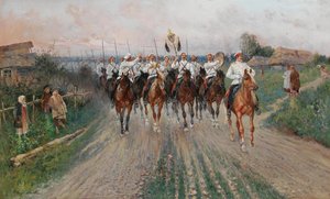 Egy zenekar megy keresztül a falun. alkotó: Sergey Semyonovich Voroshilov