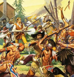 Daniel Boone egy Kentucky-i tanyát véd a támadó indiánoktól alkotó: Severino Baraldi
