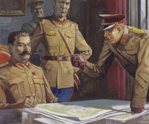 Georgij Zsukov tábornok vitatkozik Sztálinnal a katonai taktikáról