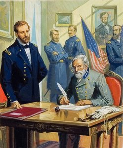 Ulysses Grant tábornok elfogadja Lee tábornok Appomattoxban történt megadásának tényét. alkotó: Severino Baraldi