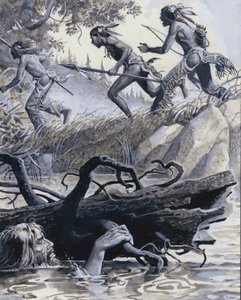 John Colter elbújt néhány uszadékfa mögé (gouache, papír) alkotó: Severino Baraldi