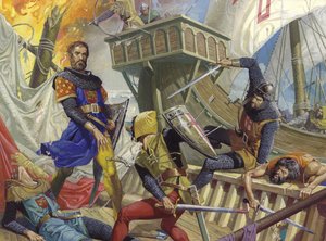 Marco Polo a genovaiak fogságában, 20. század (gouache, papír) alkotó: Severino Baraldi