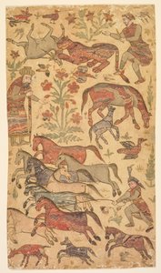 Rusztam márványozott képe, ahogy elkapja Rakhsh-t, kb. 1650. alkotó: Shafi