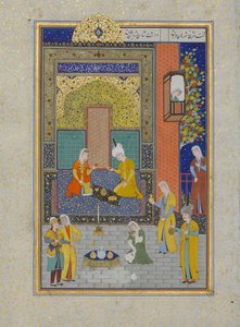 Bahram Gur a Sárga Palotában vasárnap, Folio 213 egy Khamsa..., A.H. 931A.D. 1524-25 alkotó: Shaikh Zada