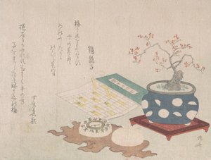 Bonsai szilva, iránytű és zsebnapóra naptárral, Spring Rain Surimon..., 1806. alkotó: Shinsai