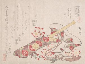 Shakuhachi, egyfajta bambuszfuvola, borítójával és cseresznyevirágokkal, 19. század, 19. század