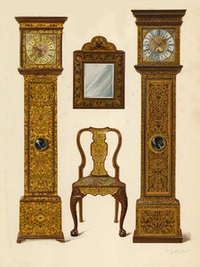 Világos marqueterie-vel kirakott óra, Percy Macquoid tulajdona; Sötét marqueterie-vel kirakott óra, Victoria and Albert Museum; Intarziával kirakott diófa szék; Tükör (chromolitho) alkotó: Shirley Charles Llewellyn Slocombe
