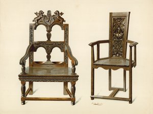 Oak Cacqueteuse szék, Percy Macquoid tulajdona; Tiszafa szék, Leeds hercegének tulajdona (chromolitho) alkotó: Shirley Charles Llewellyn Slocombe
