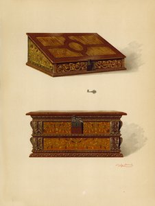 Tölgy intarziás doboz, Edward Quilter tulajdona; Tölgy intarziás doboz, Edward Quilter (chromolitho) tulajdona alkotó: Shirley Charles Llewellyn Slocombe