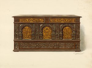 Tölgyfa intarziás láda, Arthur James tulajdona (chromolitho) alkotó: Shirley Charles Llewellyn Slocombe