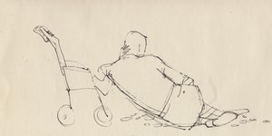 Férfi babakocsinak dőlve a strandon, c1950. alkotó: Shirley Markham